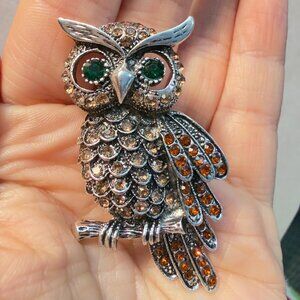 Owl Brooch Rhinestone Bird Pin Silver Tone Green & Amber Stones 2.75”